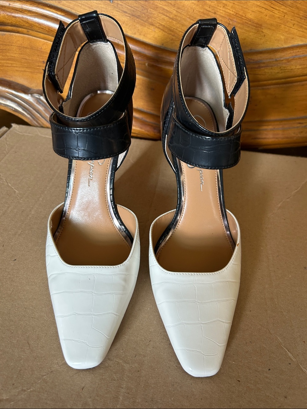 Jessica Simpson Two-Tone Black and White Croc-Embossed Ankle-Strap Pumps